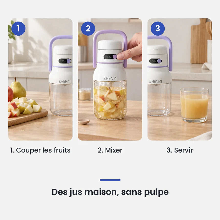 Comment utiliser le mini blender à anse violette en 3 étapes : couper les fruits, mixer, servir