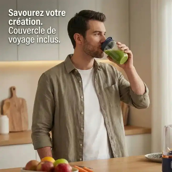 Détail lames et matériaux — Hachoir électrique portable 400 ml avec 2 gobelets sur batterie
