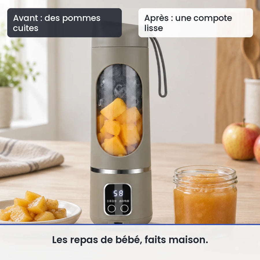 Avant/après avec le blender portable vert sauge 450 ml : des pommes cuites, puis une compote lisse