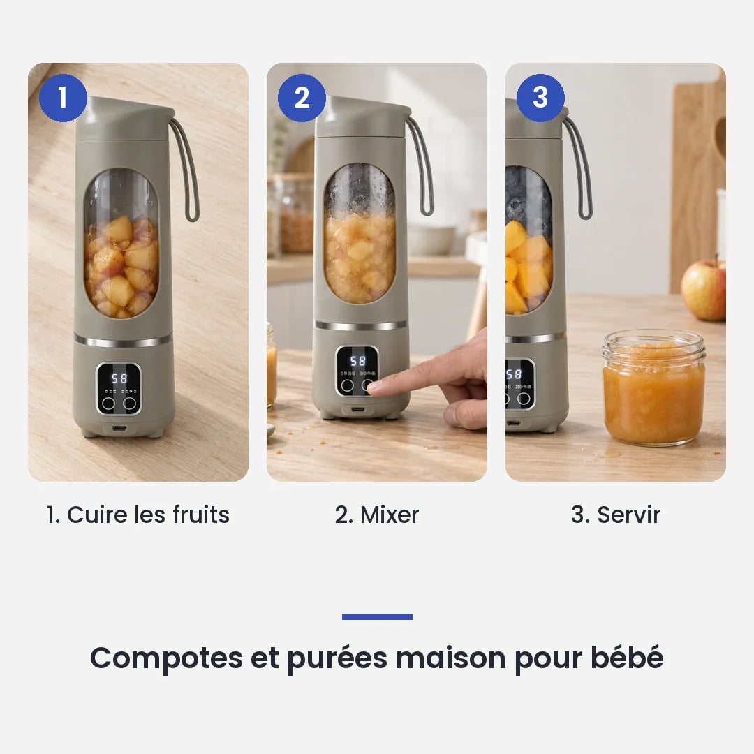 Comment utiliser le blender portable vert sauge 450 ml en 3 étapes : cuire les fruits, mixer, servir