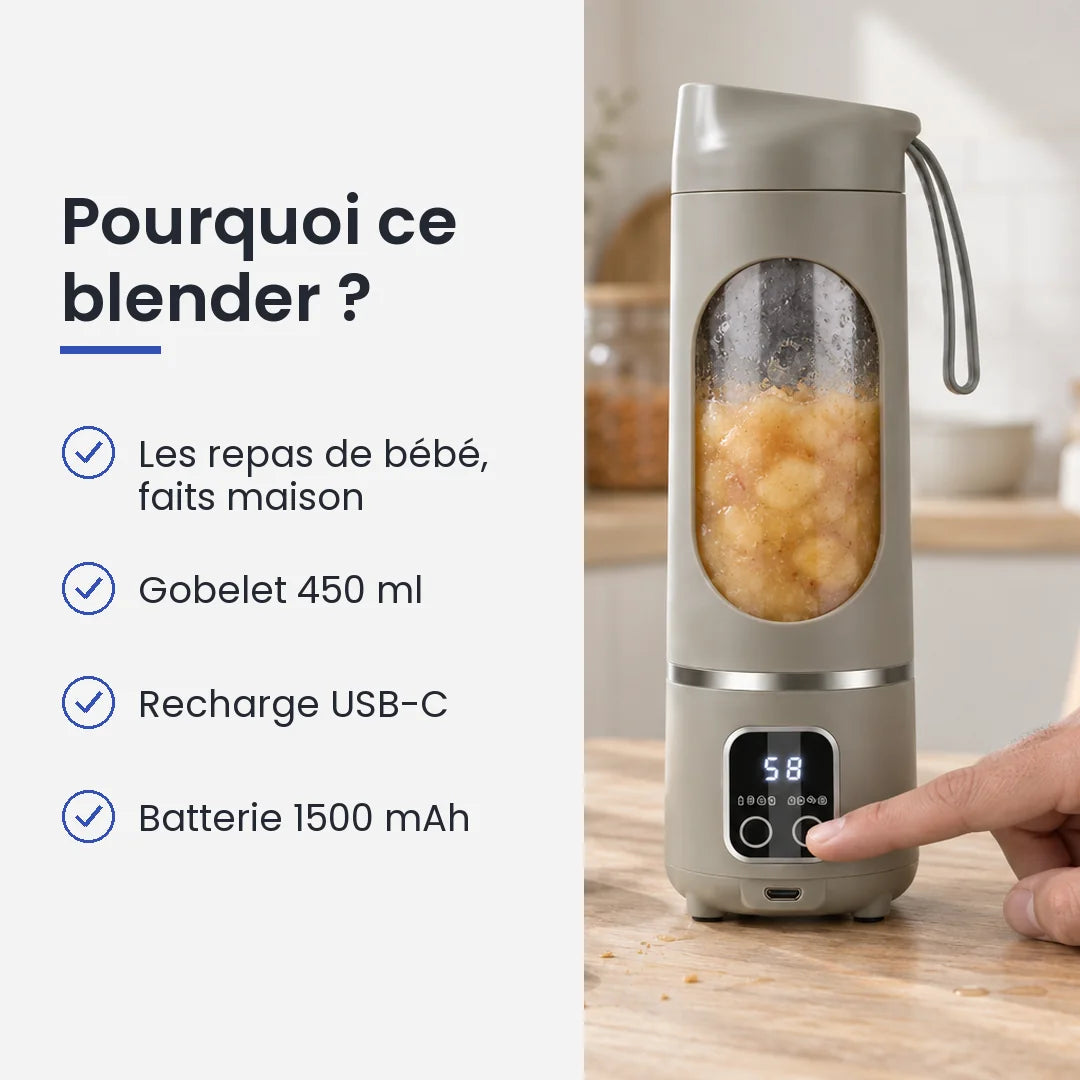 Pourquoi choisir ce blender : les repas de bébé, faits maison, gobelet 450 ml, recharge USB-C, batterie 1500 mAh