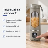 Pourquoi choisir ce blender : les repas de bébé, faits maison, gobelet 450 ml, recharge USB-C, batterie 1500 mAh