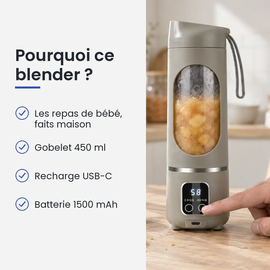 Pourquoi choisir ce blender : les repas de bébé, faits maison, gobelet 450 ml, recharge USB-C, batterie 1500 mAh