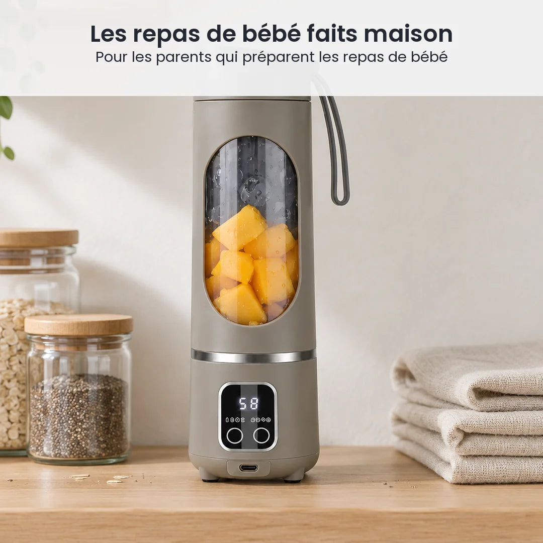 Blender portable vert sauge rangé sur une étagère de cuisine claire, à côté de bocaux en verre et de linge plié