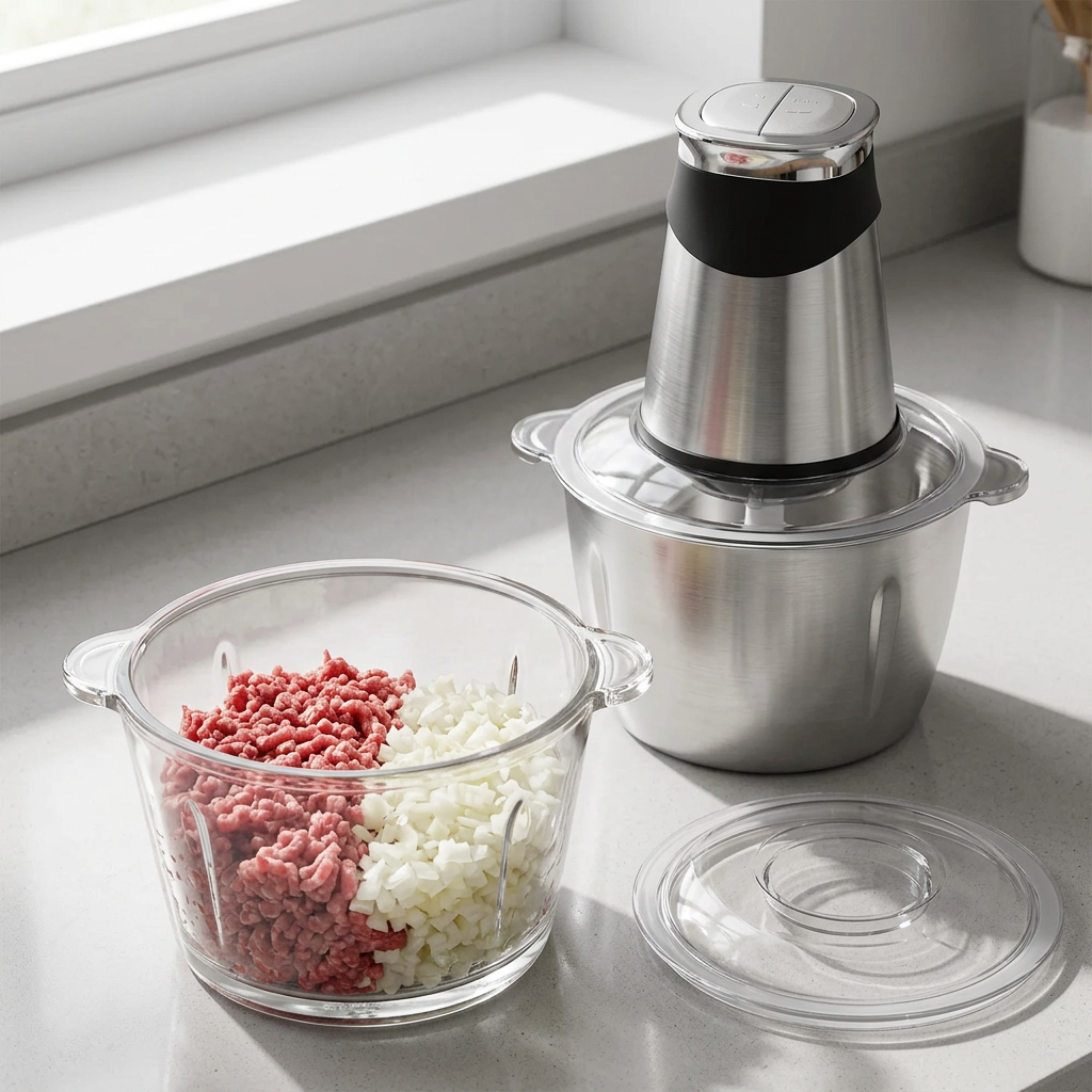 Hachoir électrique 2 bols, verre 1,8 L et inox 2 L, résultat obtenu