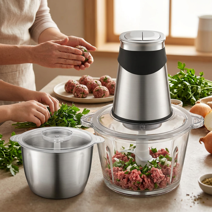 Hachoir électrique 2 bols, verre 1,8 L et inox 2 L, en situation dans la cuisine