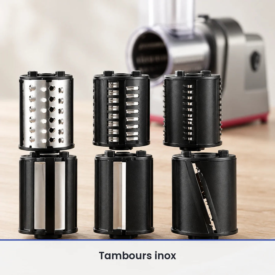 Gros plan sur les six tambours de la râpe électrique 250 W : un tambour argenté perforé et cinq tambours noirs à lames inox