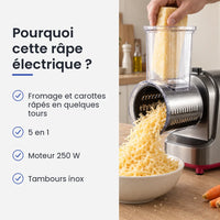 Pourquoi choisir cette râpe électrique : fromage et carottes râpés en quelques tours, 5 en 1, moteur 250 W, tambours inox