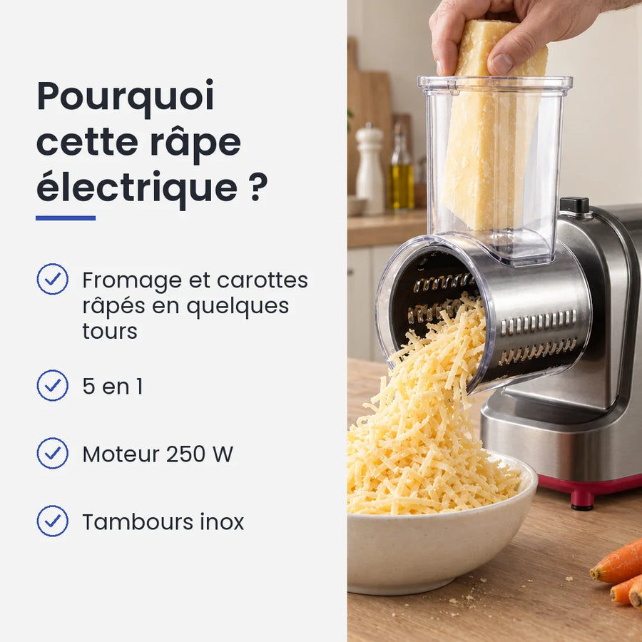 Pourquoi choisir cette râpe électrique : fromage et carottes râpés en quelques tours, 5 en 1, moteur 250 W, tambours inox