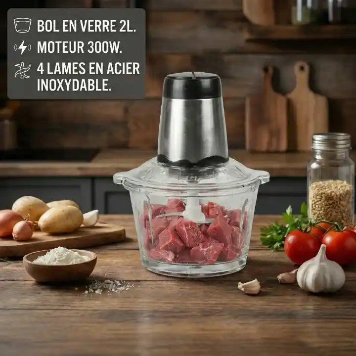 Hachoir électrique 300W bol verre 2L 4 lames en action - Préparation culinaire rapide