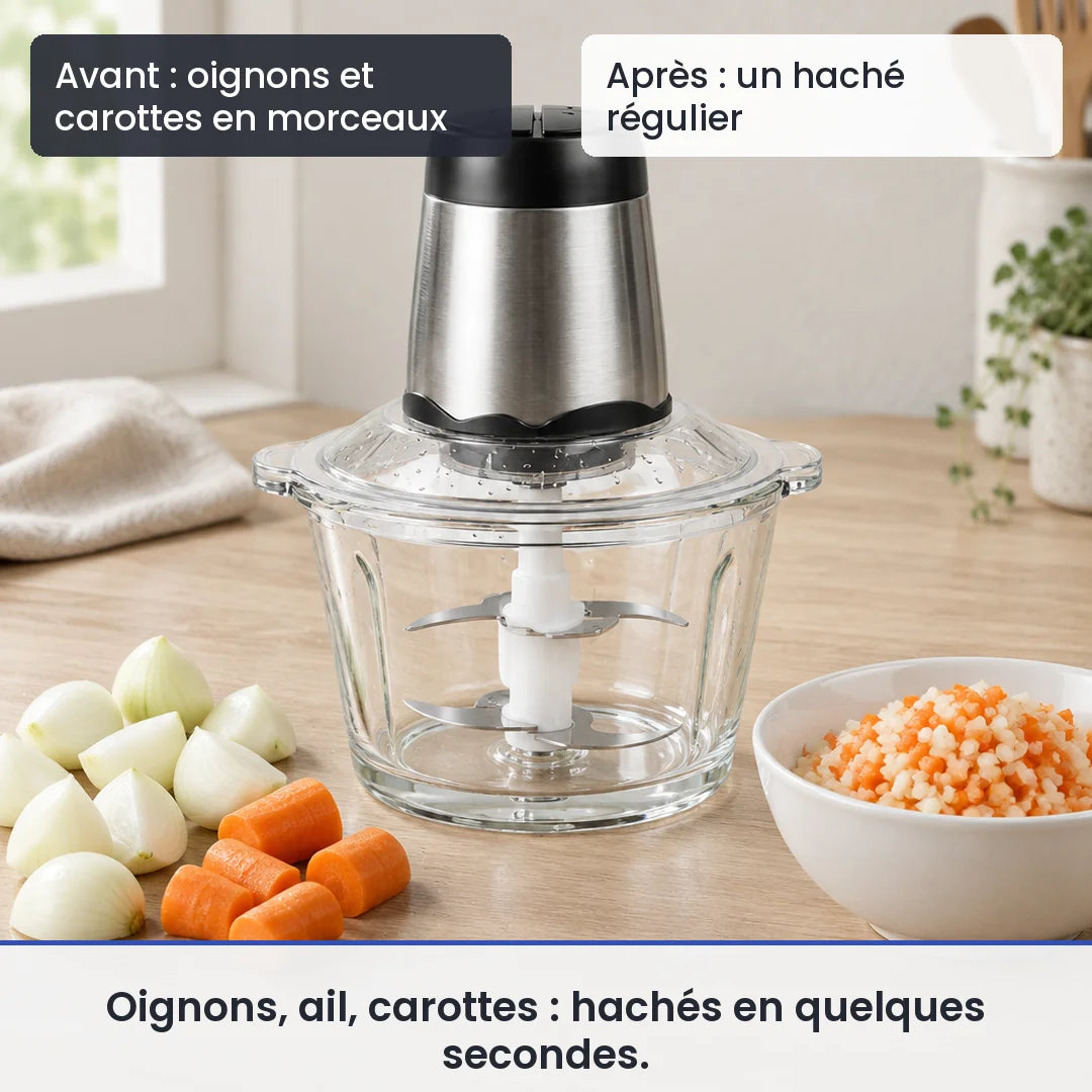 Avant/après avec le hachoir électrique 300W bol verre 2L 4 lames : oignons et carottes en morceaux, puis un haché régulier