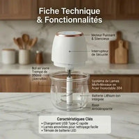 Mini hachoir électrique multifonction 350ml rechargeable USB ivoire — vue arrière