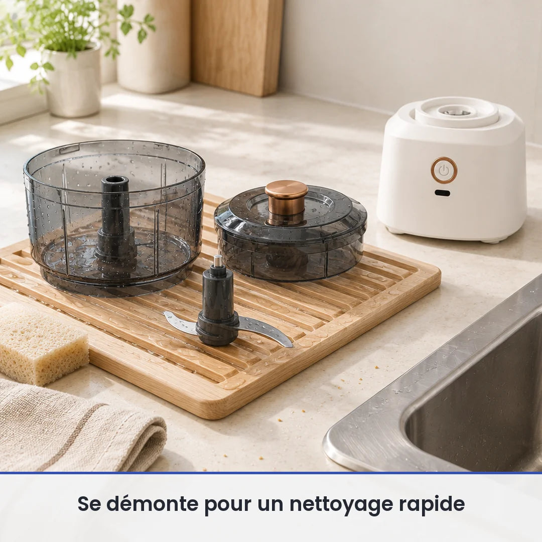 Bol gris fumé, couvercle et couteau du hachoir 350 ml lavés sur un égouttoir près de l'évier, socle blanc posé au sec