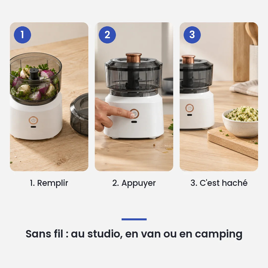 Comment utiliser le hachoir électrique 350 ml blanc bol plastique USB en 3 étapes : remplir, appuyer, c'est haché