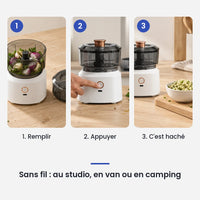 Comment utiliser le hachoir électrique 350 ml blanc bol plastique USB en 3 étapes : remplir, appuyer, c'est haché