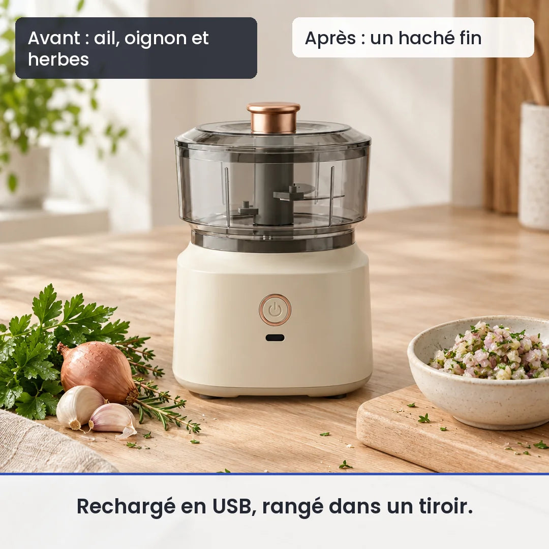 Avant/après avec le hachoir électrique 350 ml marron bol plastique USB : ail, oignon et herbes, puis un haché fin