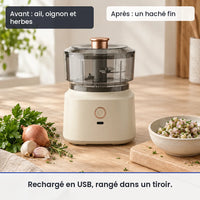 Avant/après avec le hachoir électrique 350 ml marron bol plastique USB : ail, oignon et herbes, puis un haché fin