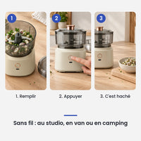 Comment utiliser le hachoir électrique 350 ml marron bol plastique USB en 3 étapes : remplir, appuyer, c'est haché