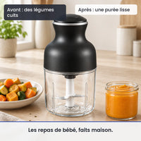 Avant/après avec le hachoir électrique 350 W à bol en verre : des légumes cuits, puis une purée lisse