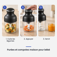 Comment utiliser le hachoir électrique 350 W à bol en verre en 3 étapes : cuire les légumes, appuyer, servir