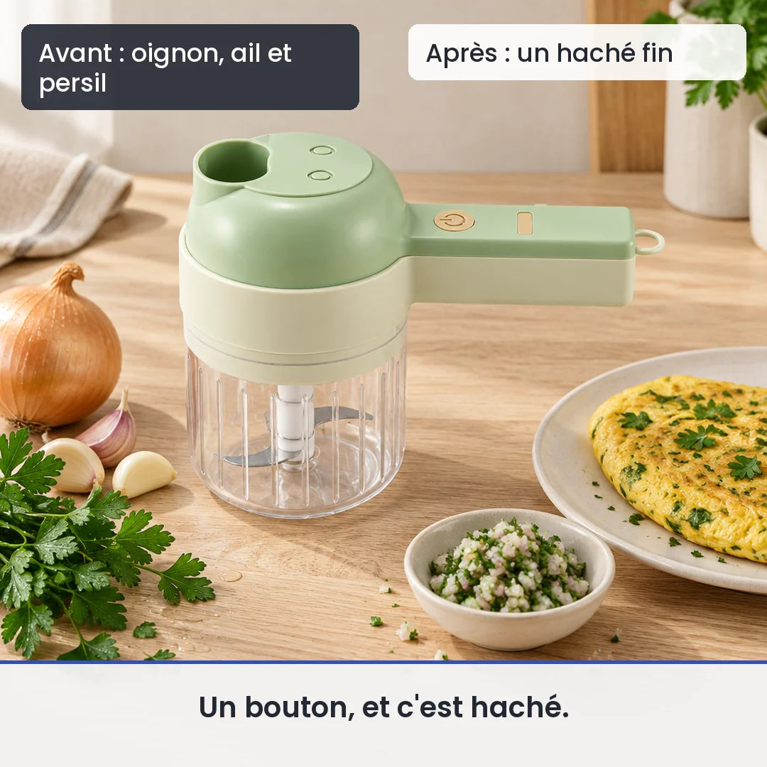 Avant/après avec le hachoir électrique 4 en 1 sans fil rechargeable : oignon, ail et persil, puis un haché fin