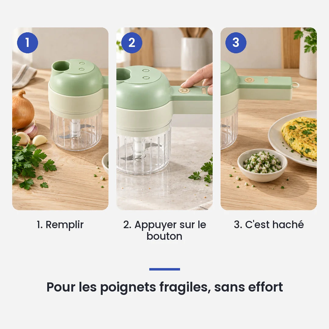 Comment utiliser le hachoir électrique 4 en 1 sans fil rechargeable en 3 étapes : remplir, appuyer sur le bouton, c'est haché