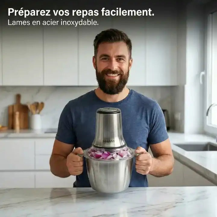 Hachoir électrique 800W bol inox 3L avec 6 lames — vue de dessus