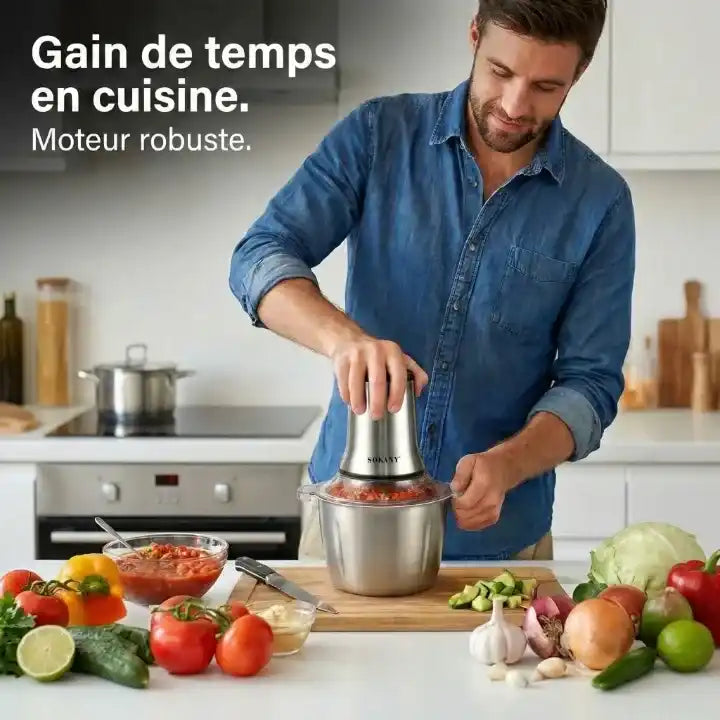 Hachoir électrique 800W bol inox 3L avec 6 lames — vue latérale