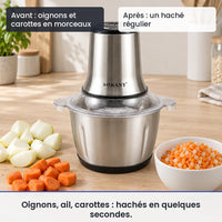 Avant/après avec le hachoir électrique 800W bol inox 3L : oignons et carottes en morceaux, puis un haché régulier