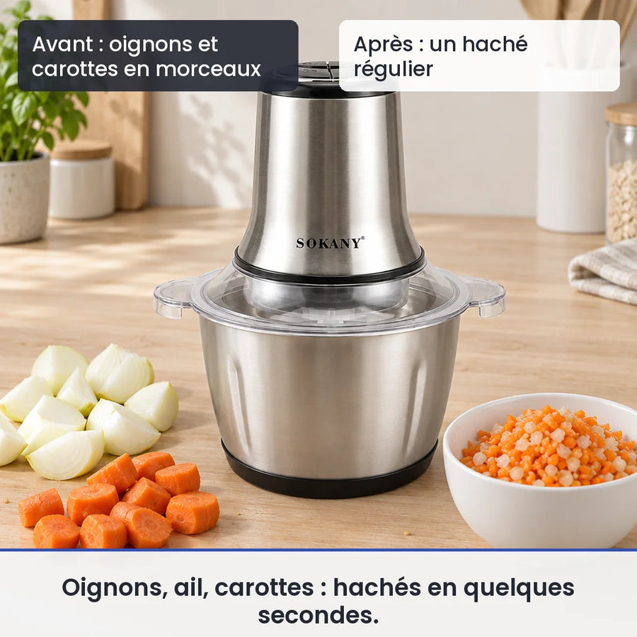Avant/après avec le hachoir électrique 800W bol inox 3L : oignons et carottes en morceaux, puis un haché régulier