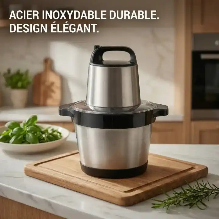 Détail lames et matériaux — Hachoir électrique inox 6 L 1000 W pour viande et légumes