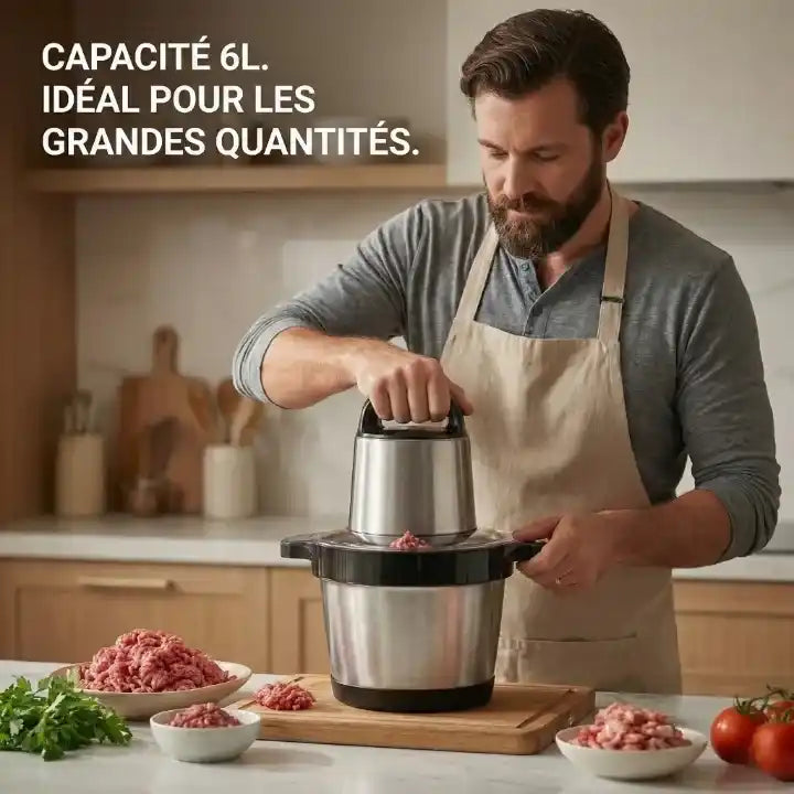 Hachoir électrique inox 6 L 1000 W pour viande et légumes — accessoires inclus