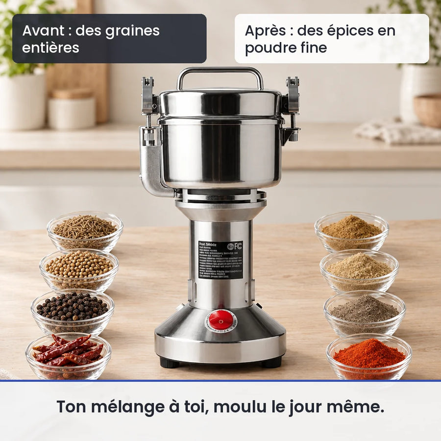 Avant/après avec le hachoir électrique inox 150g 900W vertical : des graines entières, puis des épices en poudre fine