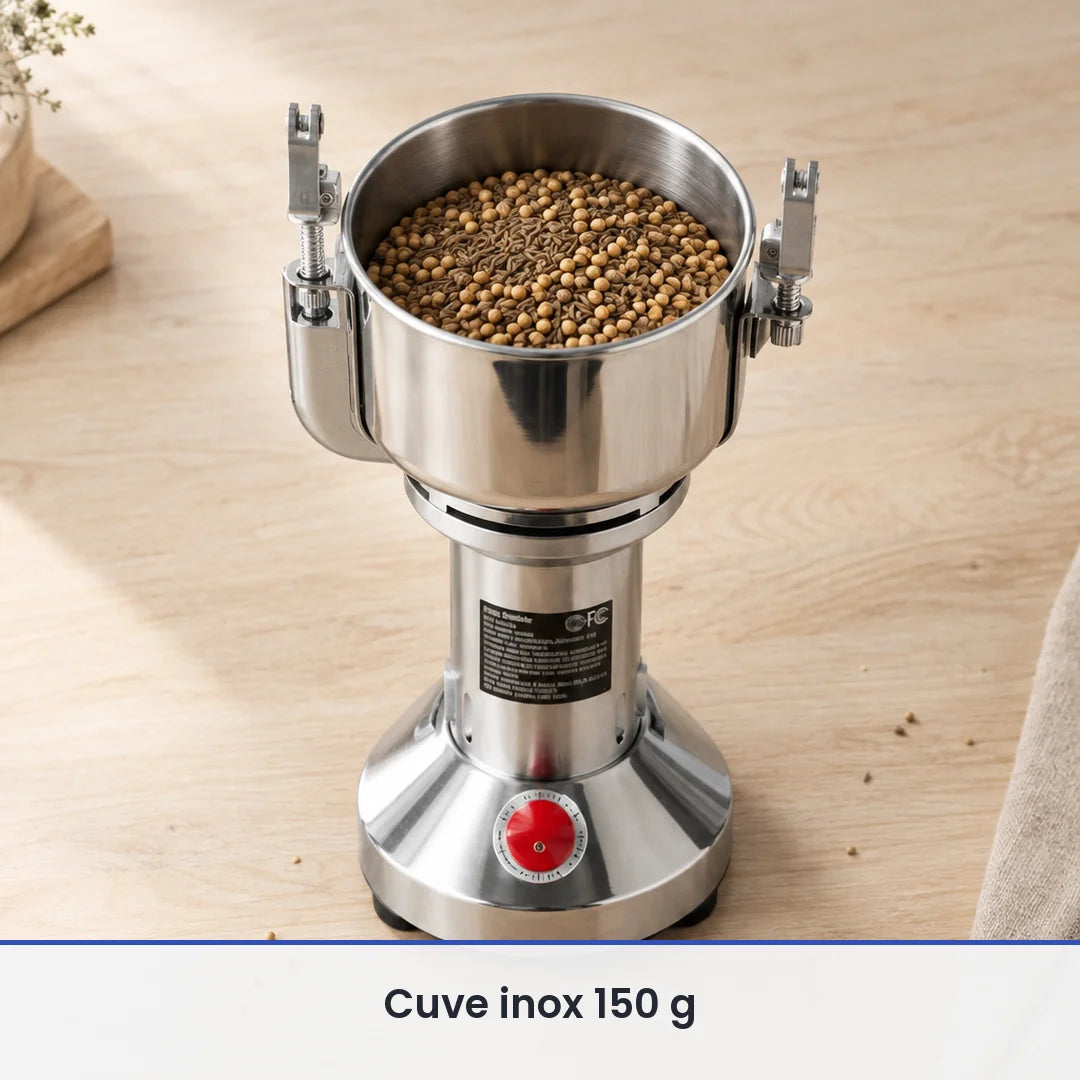 Cuve inox ouverte du moulin électrique vertical 150 g remplie de graines de coriandre, posée sur un plan de travail