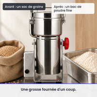 Avant/après avec le hachoir électrique inox 2500g 3600W épices et grains : un sac de grains, puis un bac de poudre fine