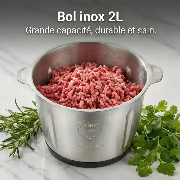 Hachoir électrique inox 500W Biolomix avec bol 2L — vue arrière