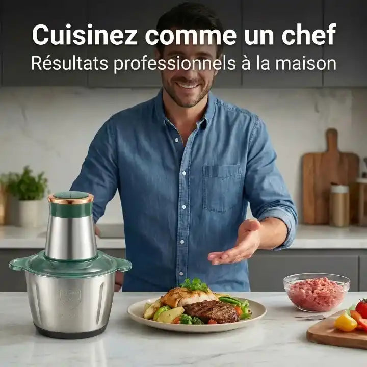 Hachoir électrique inox 500W Biolomix avec bol 2L en action - Préparation culinaire rapide