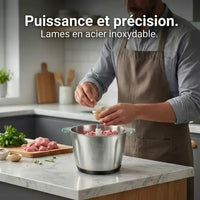 Hachoir électrique inox 500W Biolomix avec bol 2L — vue de dessus