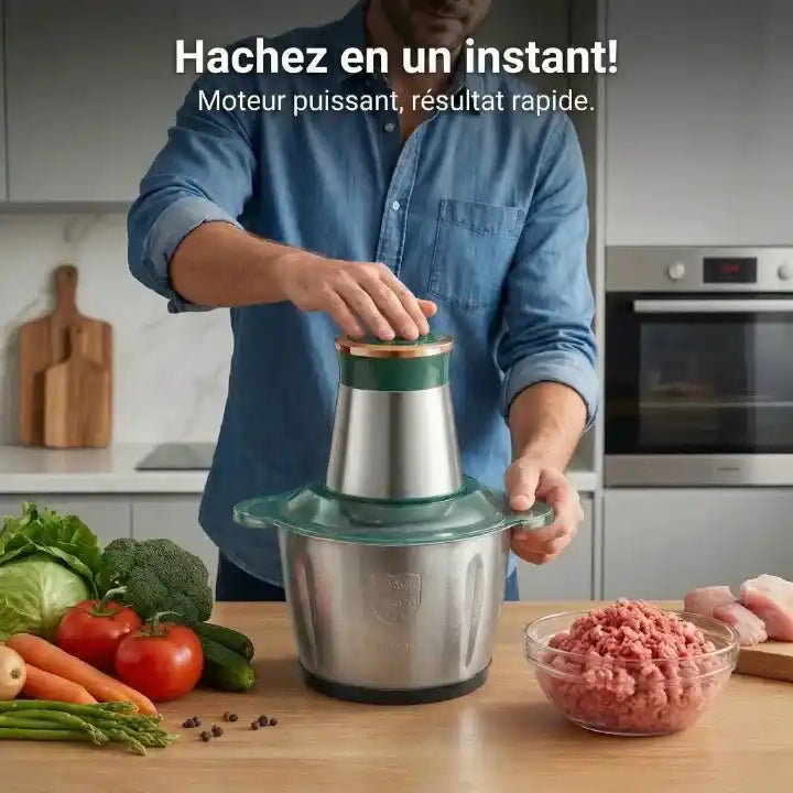 Hachoir électrique inox 500W Biolomix avec bol 2L — accessoires inclus