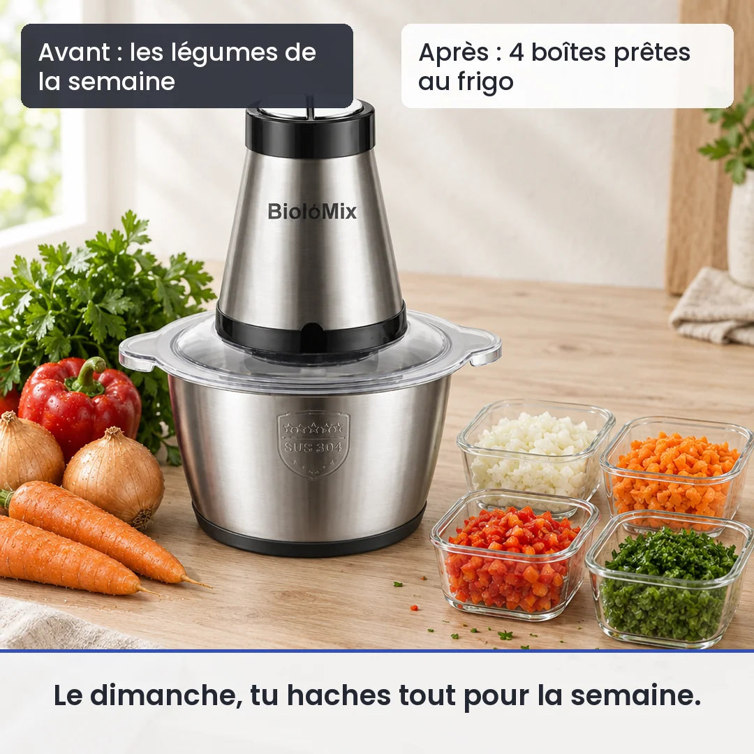 Avant/après avec ce hachoir : les légumes de la semaine, puis 4 boîtes prêtes au frigo