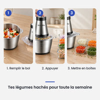 Comment utiliser le hachoir électrique BioloMix 500W bol inox 2L + lame en 3 étapes : remplir le bol, appuyer, mettre en