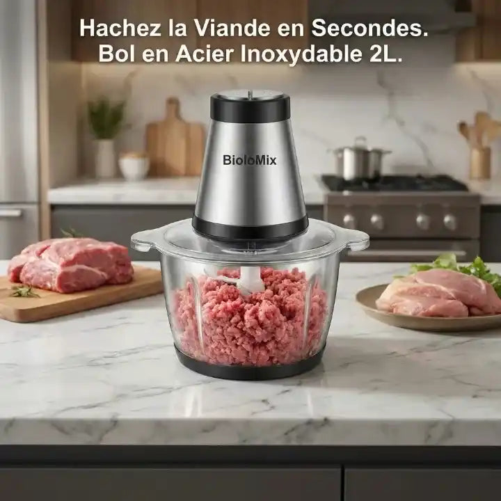 Hachoir électrique inox 500W bol 2L Biolomix — vue de dessus
