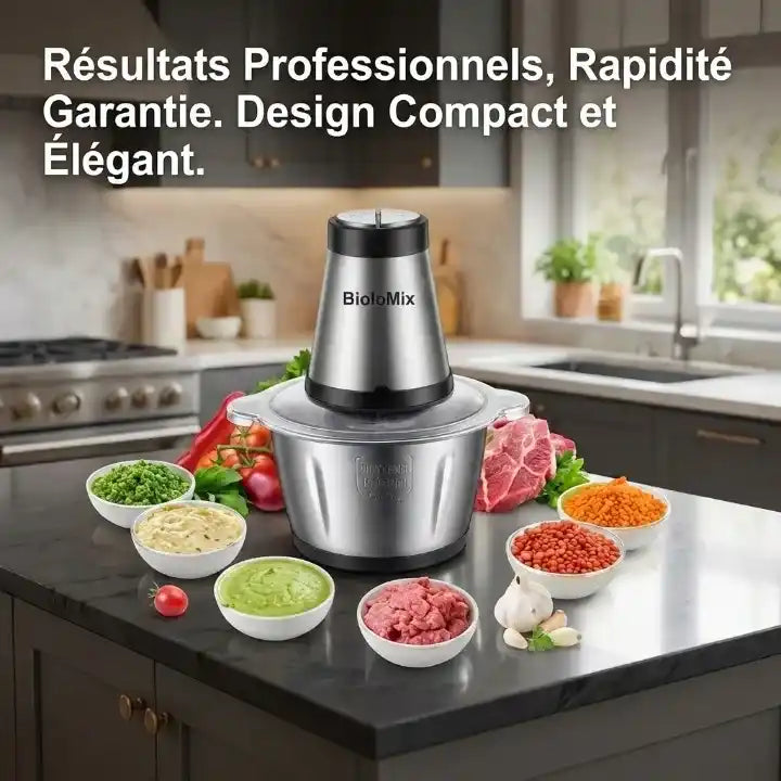 Hachoir électrique inox 500W bol 2L Biolomix — vue latérale