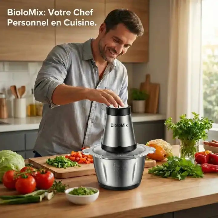 Hachoir électrique inox 500W bol 2L Biolomix — vue arrière