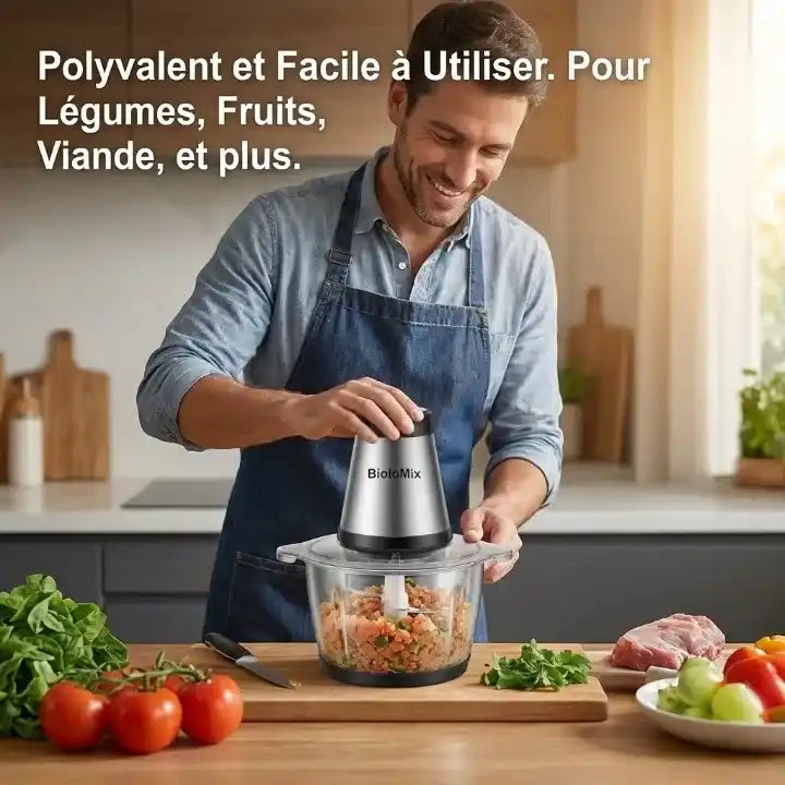 Détail lames et matériaux — Hachoir électrique inox 500W bol 2L Biolomix