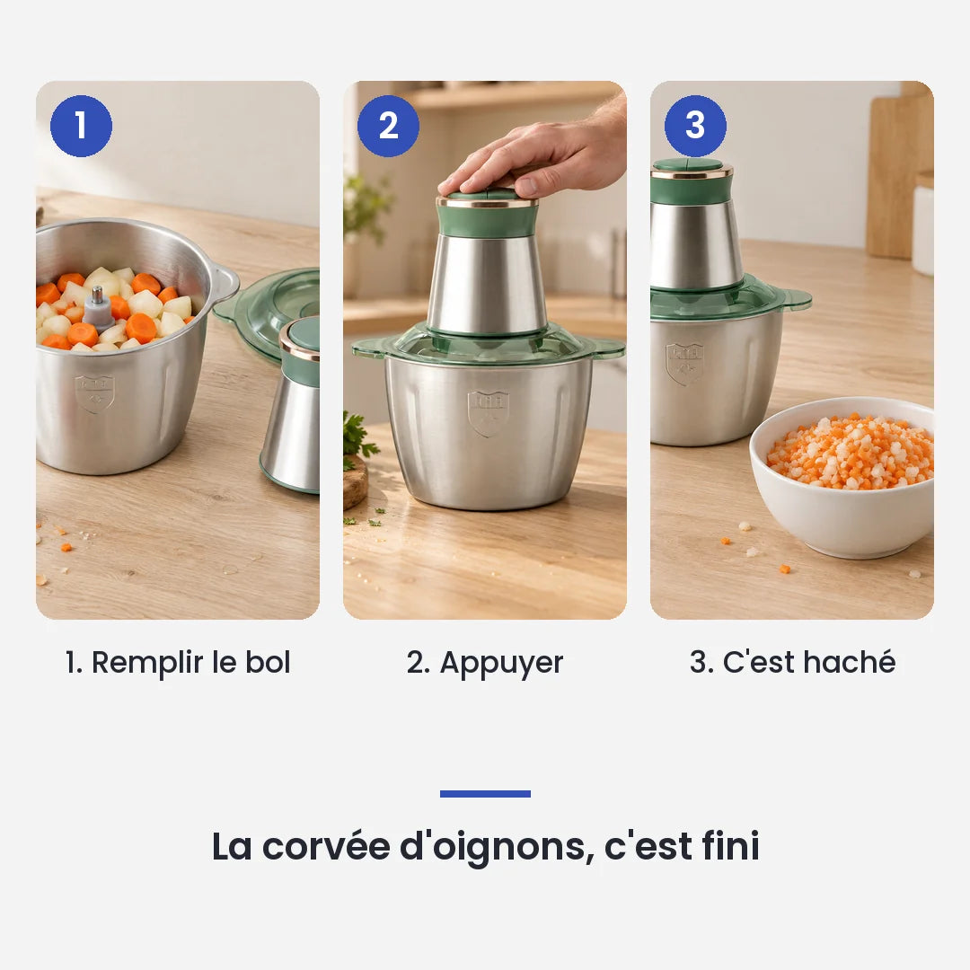 Comment utiliser le hachoir électrique inox 2L multifonction 4 lames en 3 étapes : remplir le bol, appuyer, c'est haché