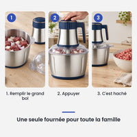 Comment utiliser le hachoir électrique inox 5L 500W en 3 étapes : remplir le grand bol, appuyer, c'est haché