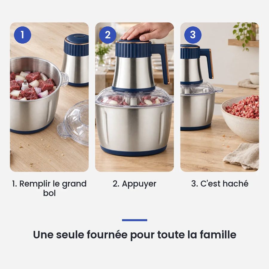 Comment utiliser le hachoir électrique inox 5L 500W en 3 étapes : remplir le grand bol, appuyer, c'est haché