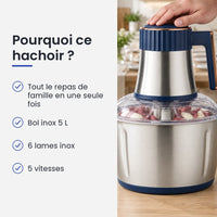 Pourquoi choisir ce hachoir : tout le repas de famille en une seule fois, bol inox 5 L, 6 lames inox, 5 vitesses
