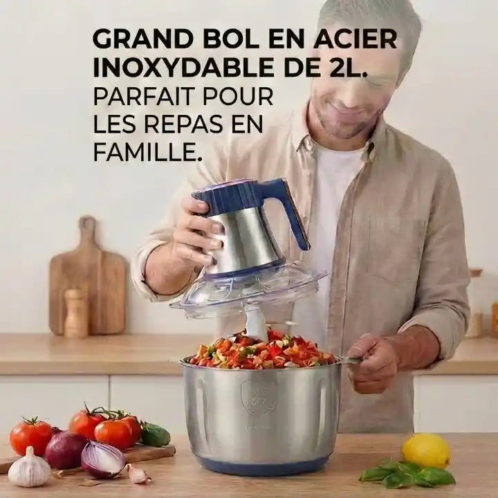 Hachoir électrique inox 5L 500W avec 6 lames et 5 vitesses — accessoires inclus